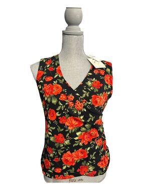 Nordstrom Black Floral V-Neck Wrap-Style Camisole with Red Roses